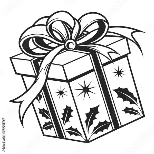 Fototapeta Beautiful gift box adorned with ribbon, starburst, and holly patterns isolated on white