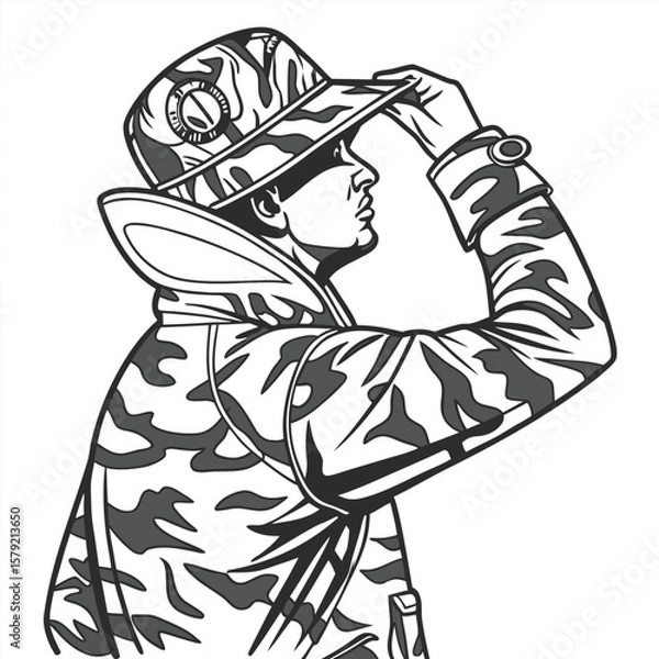 Fototapeta Man in camouflage attire with a hat looks towards the horizon, transparent background
