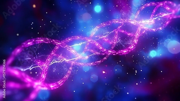 Obraz A vibrant, dynamic DNA particle complex in bright magenta and electric blue, particles swirling around the strands in a spiral motion, captured in high-resolution 3D.