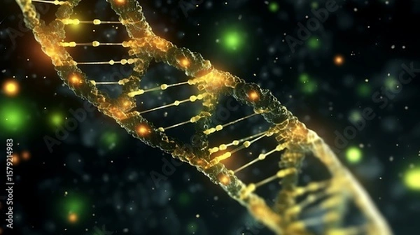 Obraz A vibrant, high-resolution 3D illustration of a DNA double helix, surrounded by tiny protein particles, illuminated with soft green and yellow lights against a black backdrop.