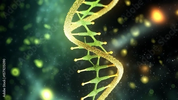 Obraz A vibrant, high-resolution 3D illustration of a DNA double helix, surrounded by tiny protein particles, illuminated with soft green and yellow lights against a black backdrop.