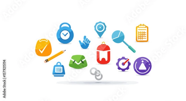 Fototapeta Creative Icons Collection Showcasing Business Tools and Time Management Concepts in a Minimalist Digital Environment