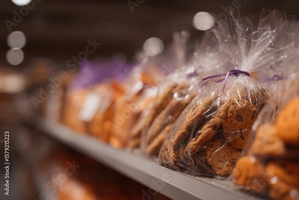Fototapeta Bags of cookies on bakery shelf create warm, inviting atmosphere