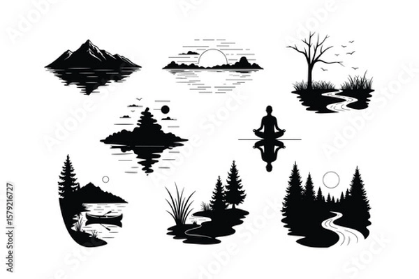 Fototapeta Mountain lake sunset meditation trees canoe river birds silhouette reflection
