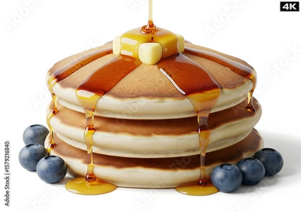 Fototapeta Stack of fluffy buttermilk pancakes with fresh blueberries, butter, and dripping maple syrup on a clean white background