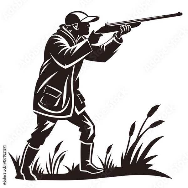 Fototapeta Silhouette of a man aiming rifle while standing amidst the grasses, rendered as a monochrome vector