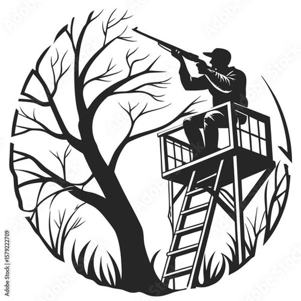Fototapeta Silhouette shows hunter aiming rifle from platform, enveloped by bare tree and grassy meadow