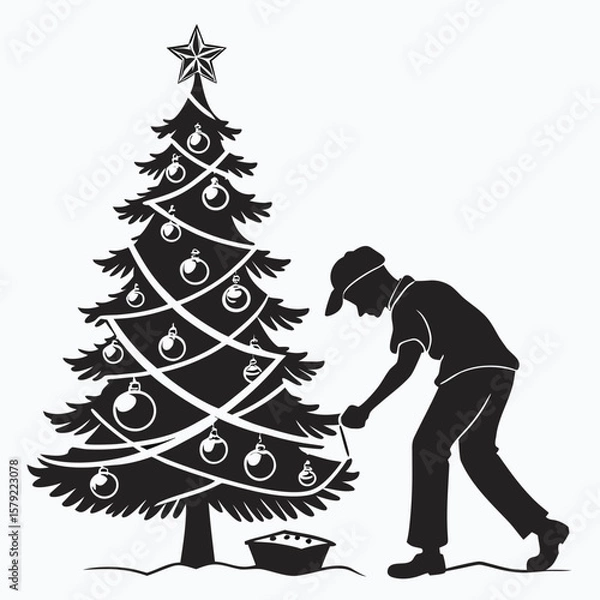 Fototapeta Silhouette shows person decorating festive Christmas tree with ornaments and lights on transparent background