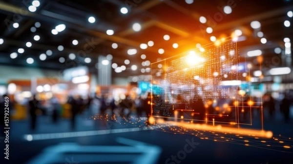 Obraz Vibrant futuristic cityscape with glowing digital network lines and bright light displays at night