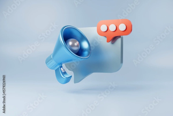 Obraz Megaphone icon inside chat speech box is advertising communication symbol 3D rendering.
