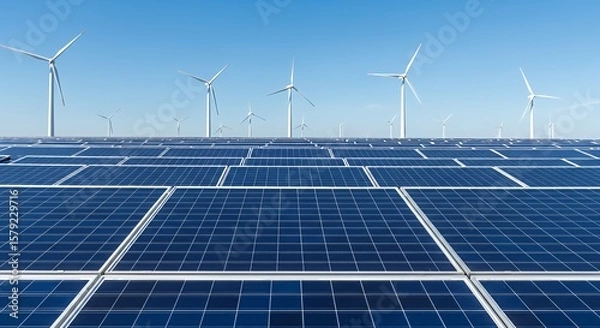 Fototapeta Generating Clean Energy Solar Panel Farm with Wind Turbines in Background