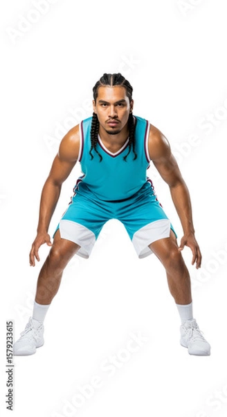 Fototapeta Dynamic Basketball Player in Action Stance Ready to Showcase Skill and Athleticism on the Court, PNG Isolated on Transparent Background
