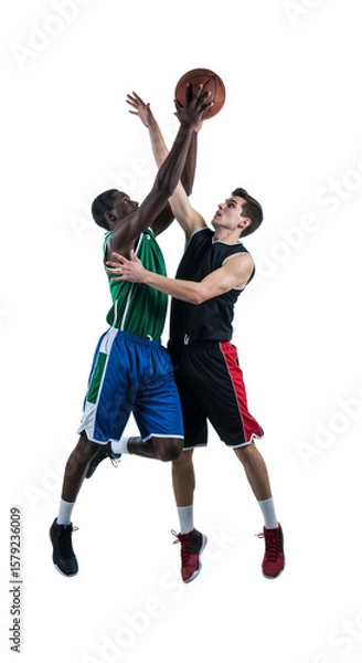 Fototapeta Dynamic Basketball Duel: Two Athletes Contesting for the Basketball in a Thrilling Play, PNG Isolated on Transparent Background