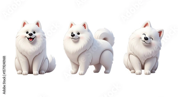 Fototapeta Three Adorable 3D Rendered Samoyed Puppies in Playful Poses.