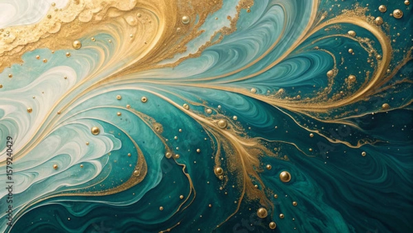 Fototapeta Ethereal swirls of turquoise and gold create an elegant abstract backdrop with flowing textures, ideal for luxury design projects.