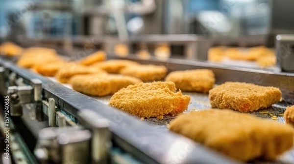 Obraz High-quality photo of industrial food production line showcasing breaded chicken nuggets in raw form, with cheese inside, close-up of mechanical elements and conveyor belts in.