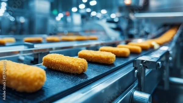 Obraz High-quality photo of industrial food production line showcasing breaded chicken nuggets in raw form, with cheese inside, close-up of mechanical elements and conveyor belts in.
