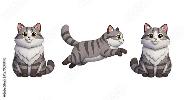 Fototapeta Three cartoon cats two seated and one leaping all with gray stripes.