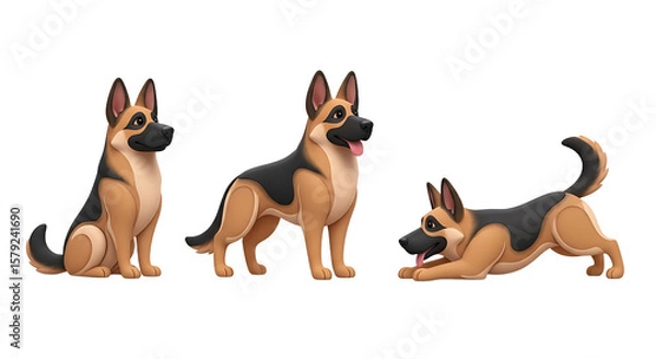 Fototapeta Three Cartoon German Shepherds Sitting Standing and Playful Pouncing Poses.