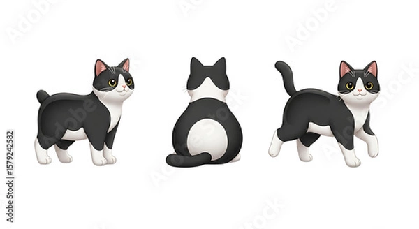 Fototapeta Three cartoon tuxedo cats in different poses standing sitting and walking.