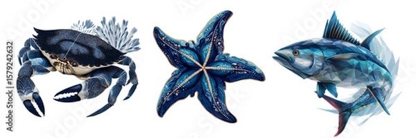 Obraz Artistic marine creatures in geometric and ornate designs including a crab, starfish, and fish in vivid blue tones