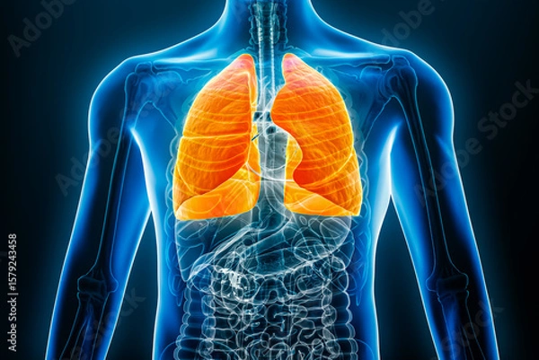 Fototapeta X-ray anterior or front view of human lungs 3D rendering illustration with male body contours. Anatomy, organ of respiratory system, medical, biology, science, healthcare concepts.