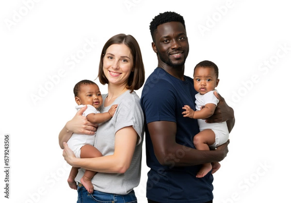 Fototapeta Mixed-race couple holding baby, standing close together, smiling gently, isolated on white background, PNG format