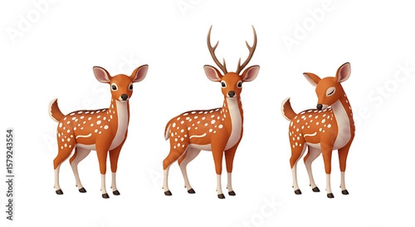 Fototapeta Three Cute Spotted Deer in Profile Views.