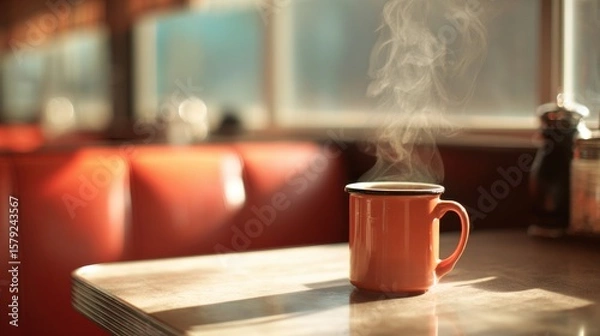 Obraz High-quality photo of steaming coffee cup in classic diner setting evokes warmth and nostalgia.