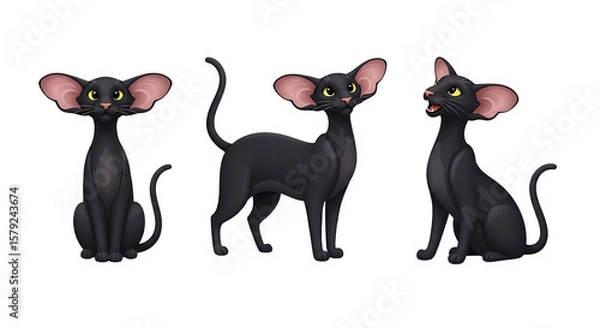 Fototapeta Three Elegant Black Cats with Large Ears in Various Poses.