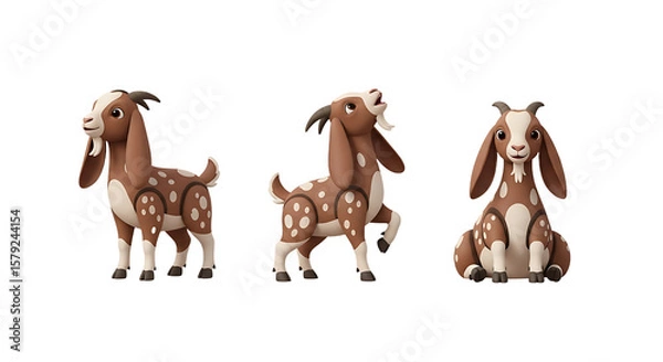 Fototapeta Three stylized brown goats with white spots in various poses.