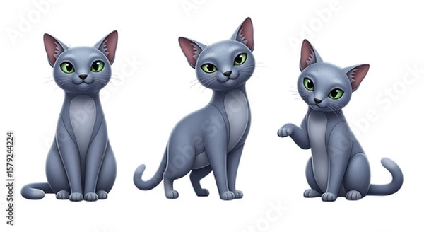 Fototapeta Three stylized cartoon cats with grey fur and bright green eyes.