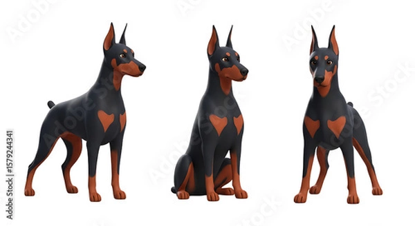 Fototapeta Three Stylized Doberman Pinschers in Different Poses HeartShaped Markings.
