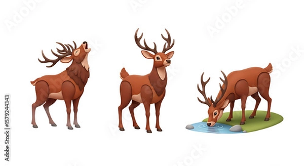 Fototapeta Three stylized deer in various poses including roaring and drinking.