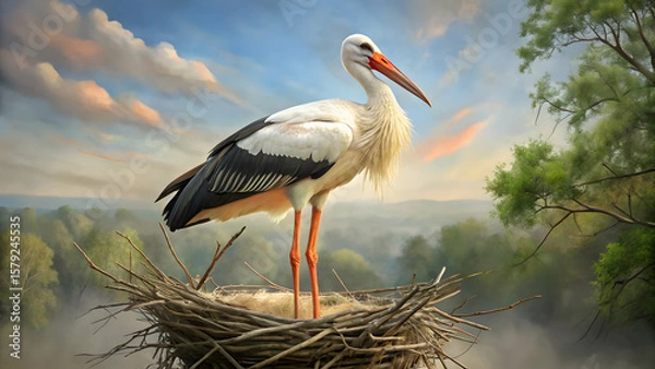 Fototapeta Painted stork nesting in treetop