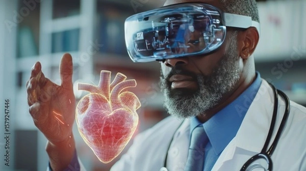Fototapeta Doctor examining 3 d heart model using vr technology