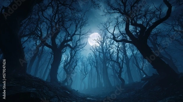 Fototapeta High-quality photo of magical forest with scary crooked black trees and moon at night, dark spooky woods. Cinematic landscape in strange fairy tale world. Concept of fantasy.