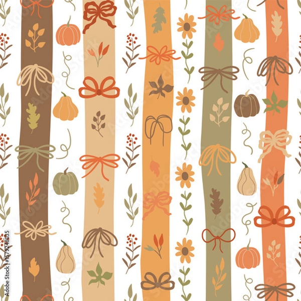 Fototapeta Fall pumpkin, flowers, cute coquette bows seamless pattern. . Vertical striped autumn repeat background with ribbons, leaves. Vector wallpaper, print, wrap paper, cute floral textile design, fabric.