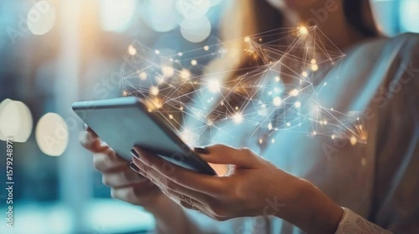 Fototapeta Woman using a tablet with network graphic overlay
