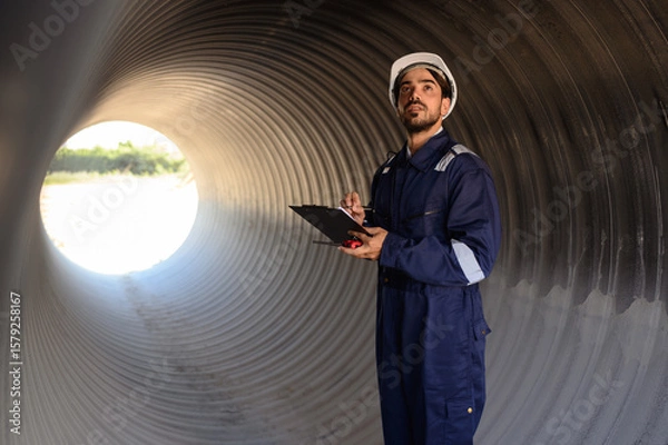 Fototapeta A male mechanical engineer in safety uniform is inspecting and examining a piping system for a new construction project of a large industrial building.