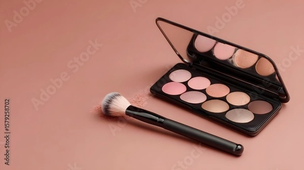 Fototapeta Elegant makeup palette and brush arranged on a soft pink surface