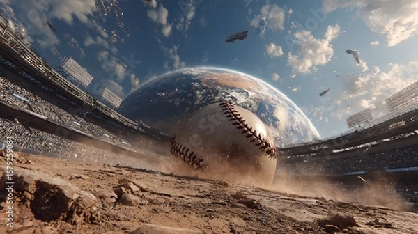 Fototapeta An otherworldly baseball stadium features a large planet and spaceships in the sky above an excited crowd