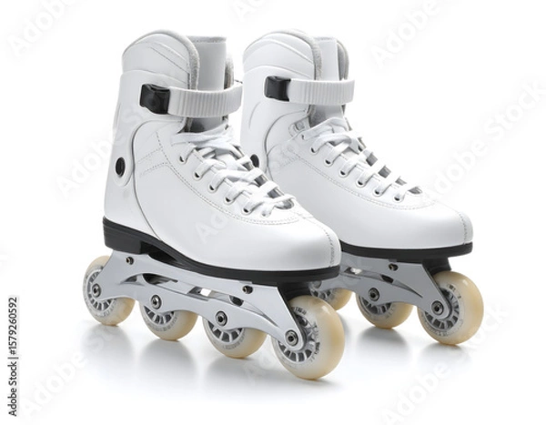 Obraz A pair of white inline roller skates on a clean, pure white background.