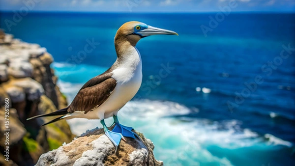 Fototapeta Booby bird balancing on rocky cliff edge