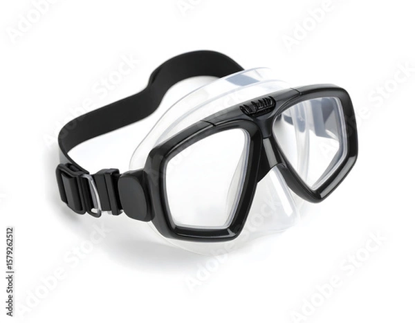 Obraz Studio shot of black scuba goggles with clear lenses on a pure white background.