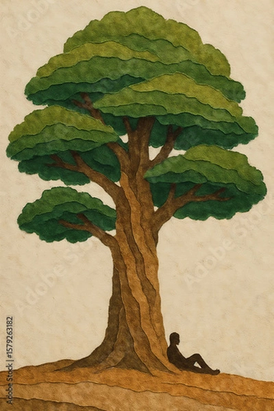 Fototapeta A silhouette rests under a textured tree, enjoying the shade and tranquility of nature.