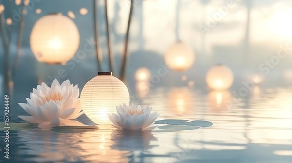 Fototapeta Serene water lilies illuminated by soft, glowing lanterns at sunset. Peaceful, tranquil scene.