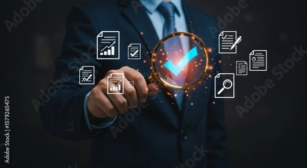 Fototapeta Businessman examines documents with a magnifying glass revealing a glowing blue checkmark signifying approval and success