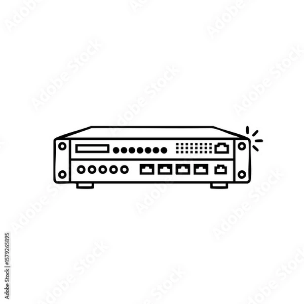 Obraz Line art illustration of a network switch or server with multiple ports and indicators, showcasing connectivity and data transfer.