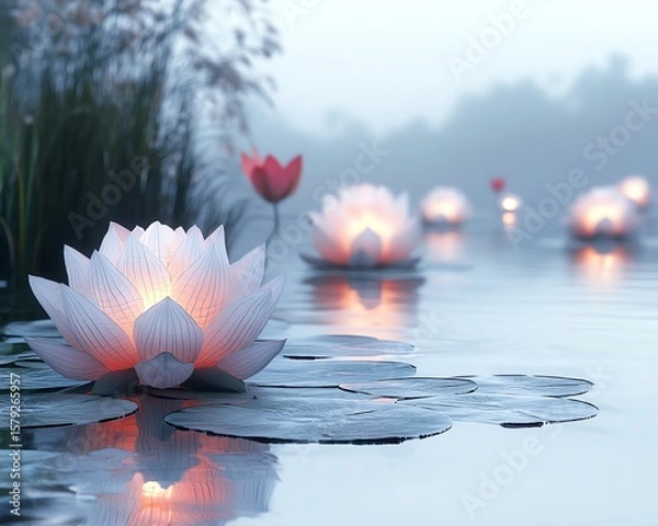 Fototapeta Serene floating lotus lanterns illuminate a tranquil pond at dawn. Peaceful, calming atmosphere.